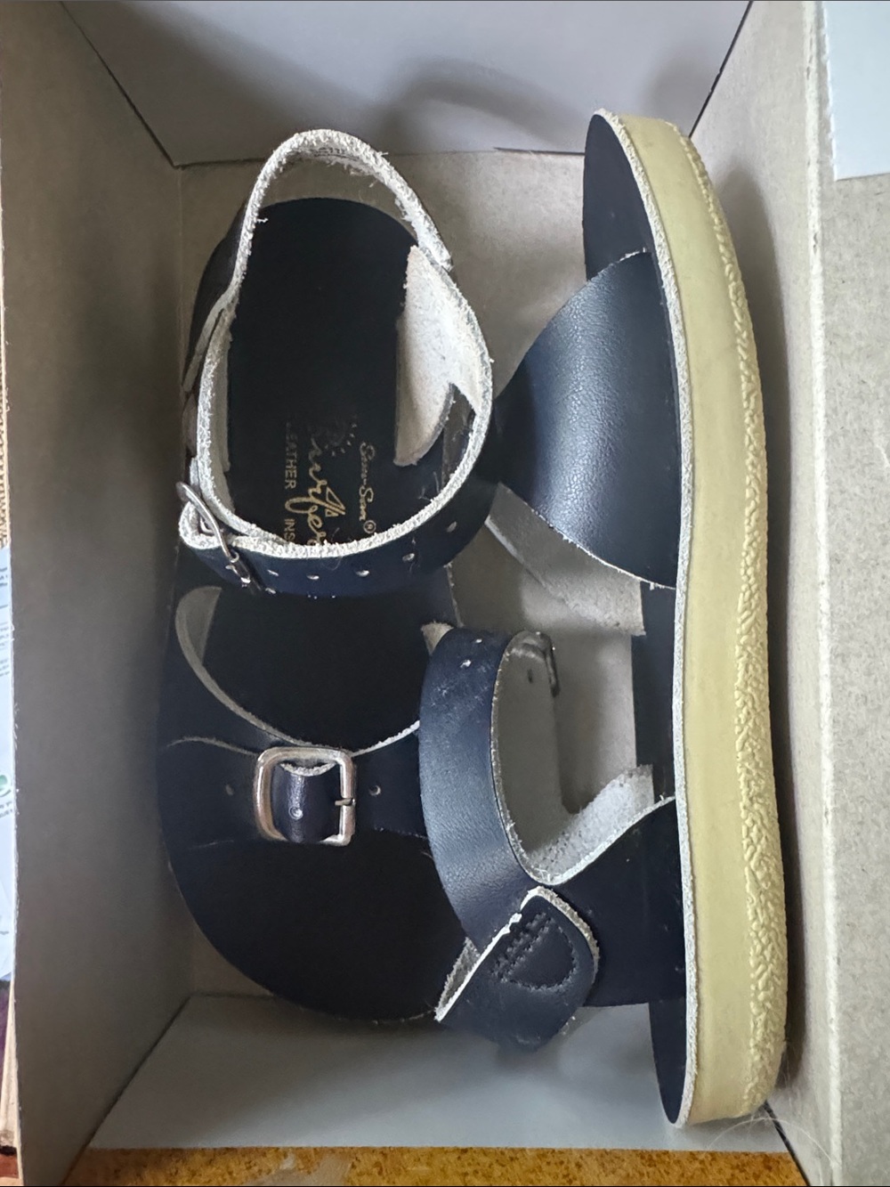 Kids Navy Leather Saltwater Sandals with Buckle